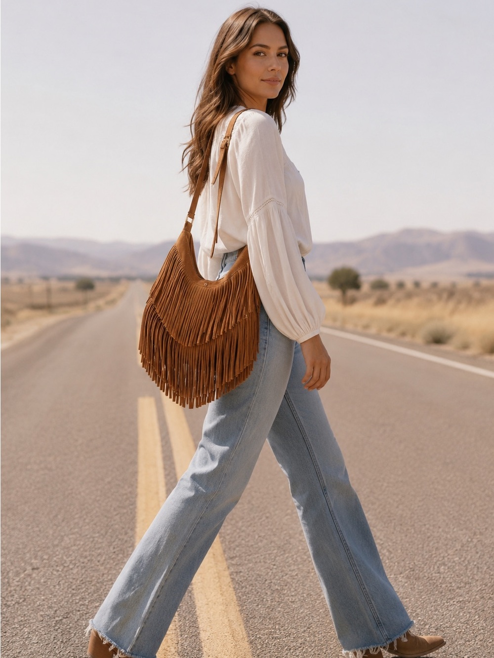 NWT Antik Kraft Tan Suede Layered Fringe Hobo Shoulder Bag